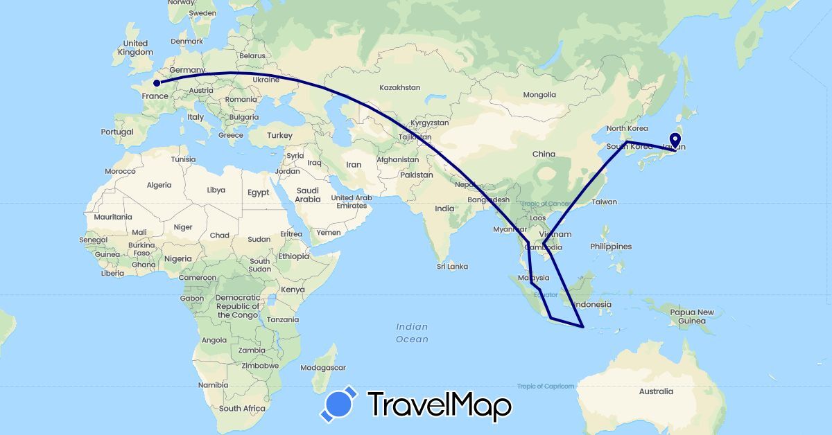 TravelMap itinerary: driving in France, Indonesia, Japan, Cambodia, South Korea, Malaysia, Singapore, Thailand, Vietnam (Asia, Europe)